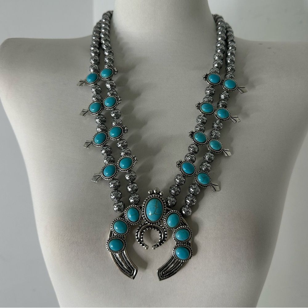 Vintage Faux Turquoise Squash Blossom Necklace